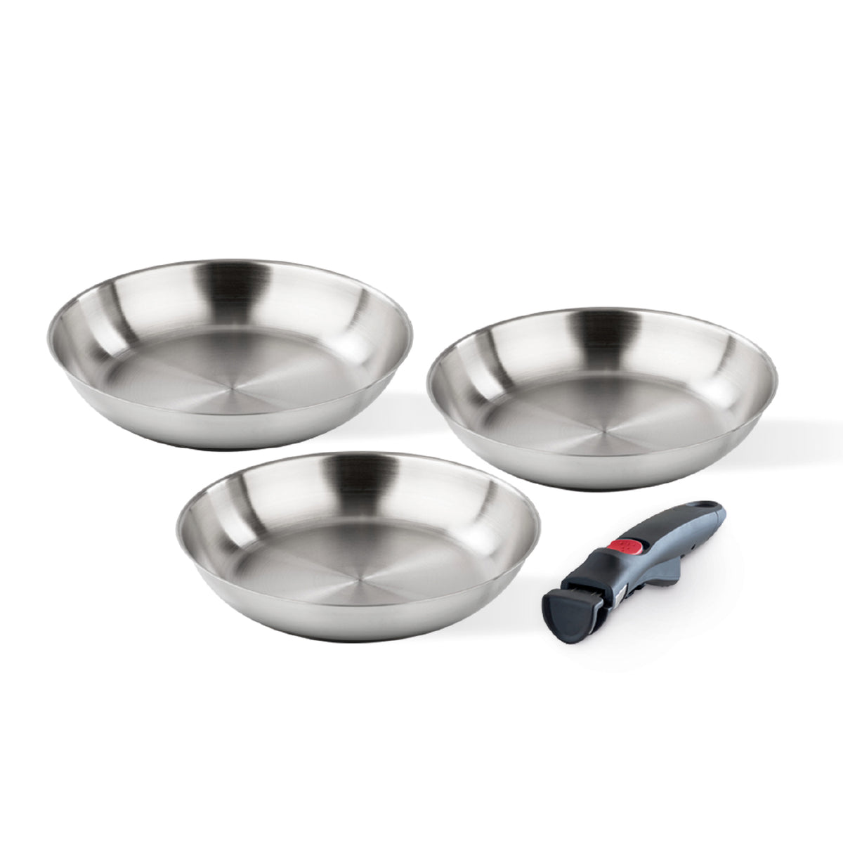 Stainless steel trio -  set of 3 frying pans 20/24/28 cm + detachable handle