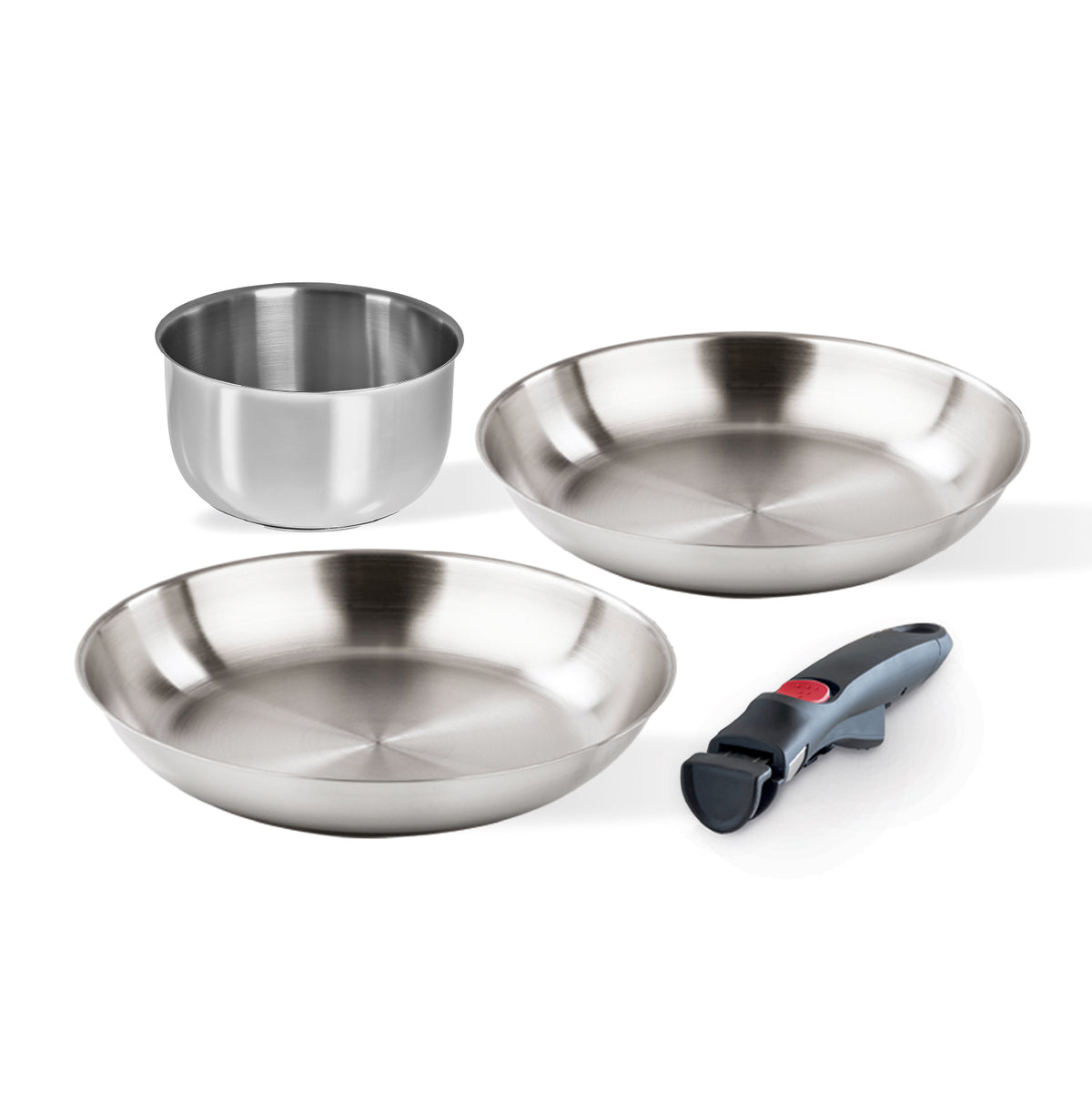 Set 3 pezzi acciaio - 2 padelle acciaio 24/28 cm, 1 casseruola 16 cm + manico staccabile