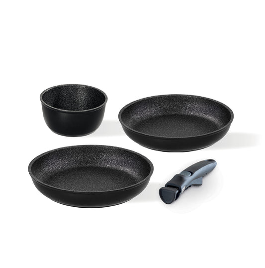 Non-stick cookware set - 2 frying pans 24/28 cm, 1 saucepan 16 cm + detachable handle